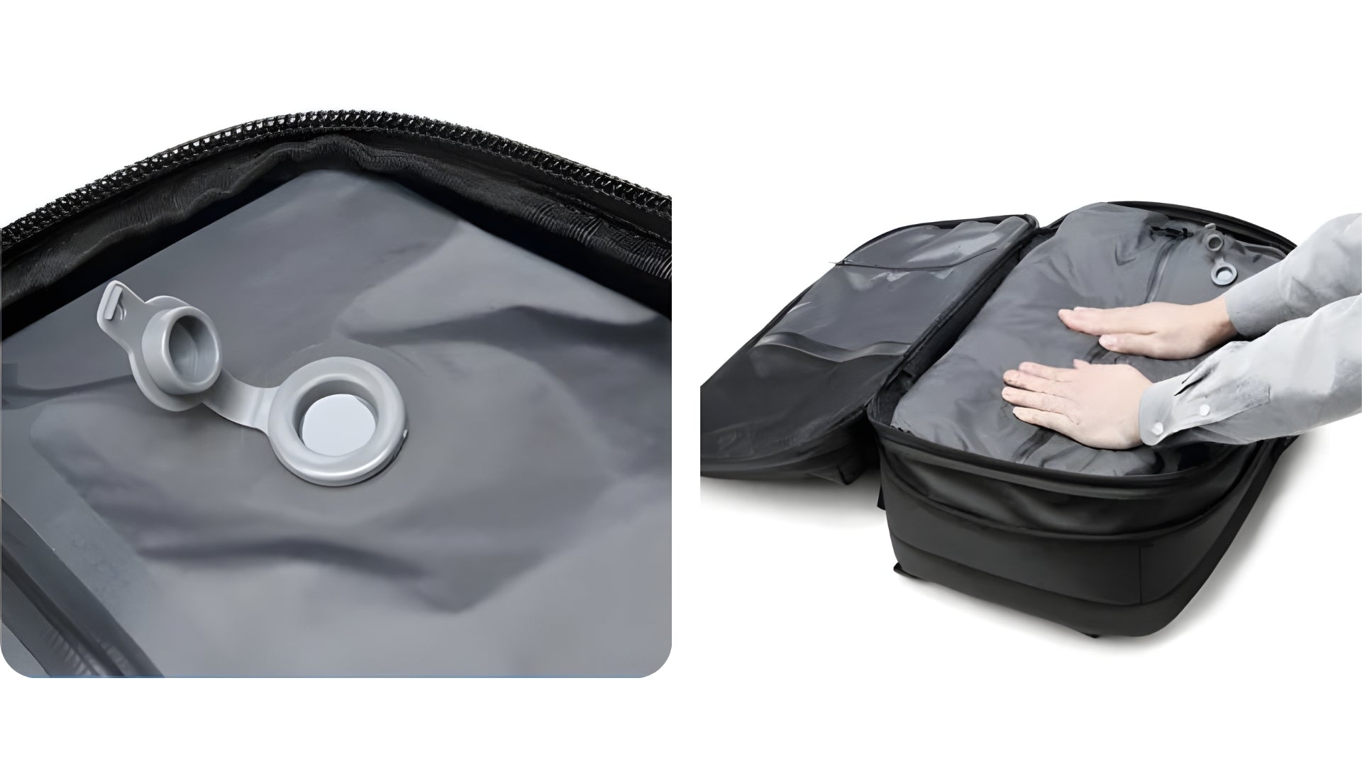 Vacuum compression bag with a valve and a person using it to compress a suitcase.