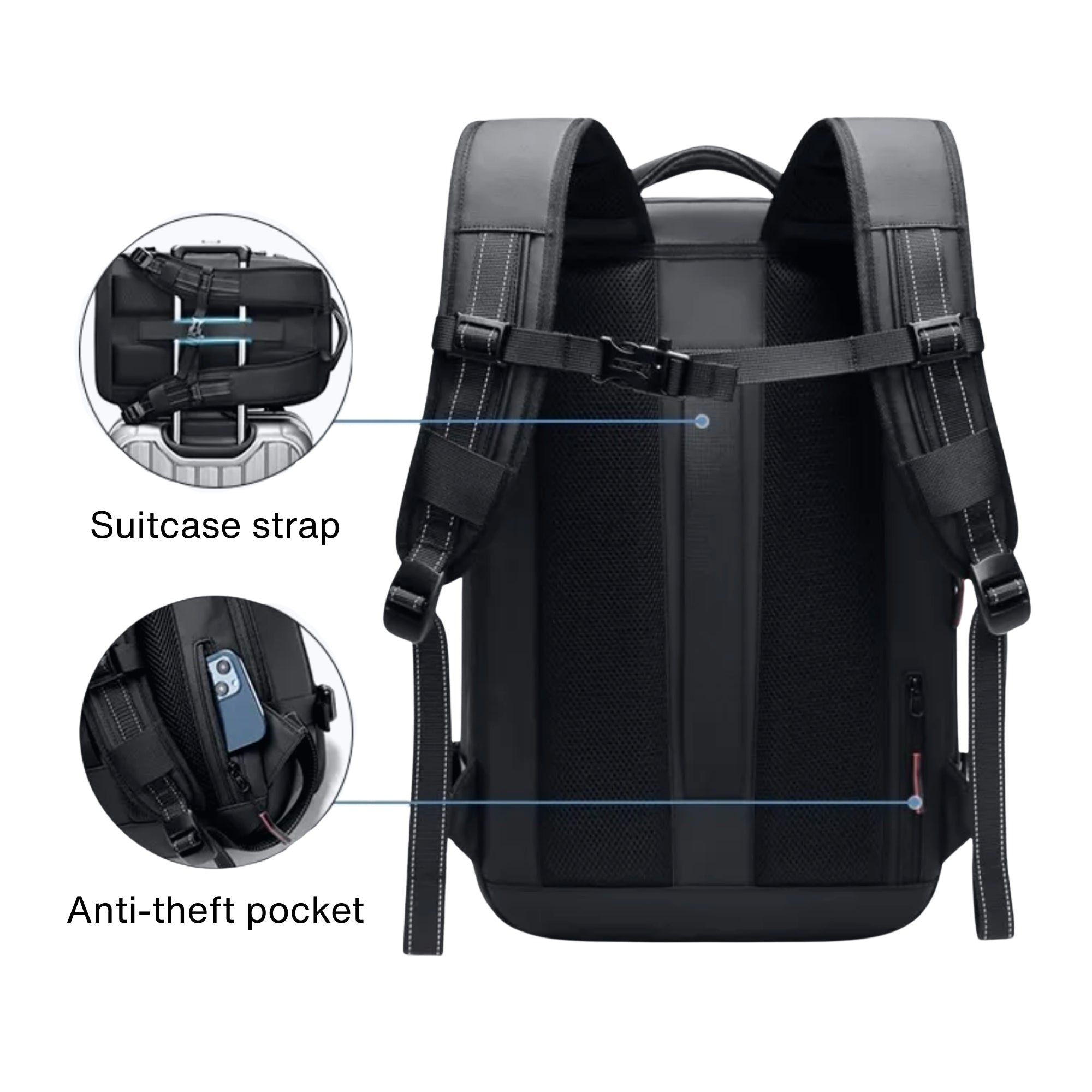 Black backpack with suitcase strap and anti-theft pocket features on a white background