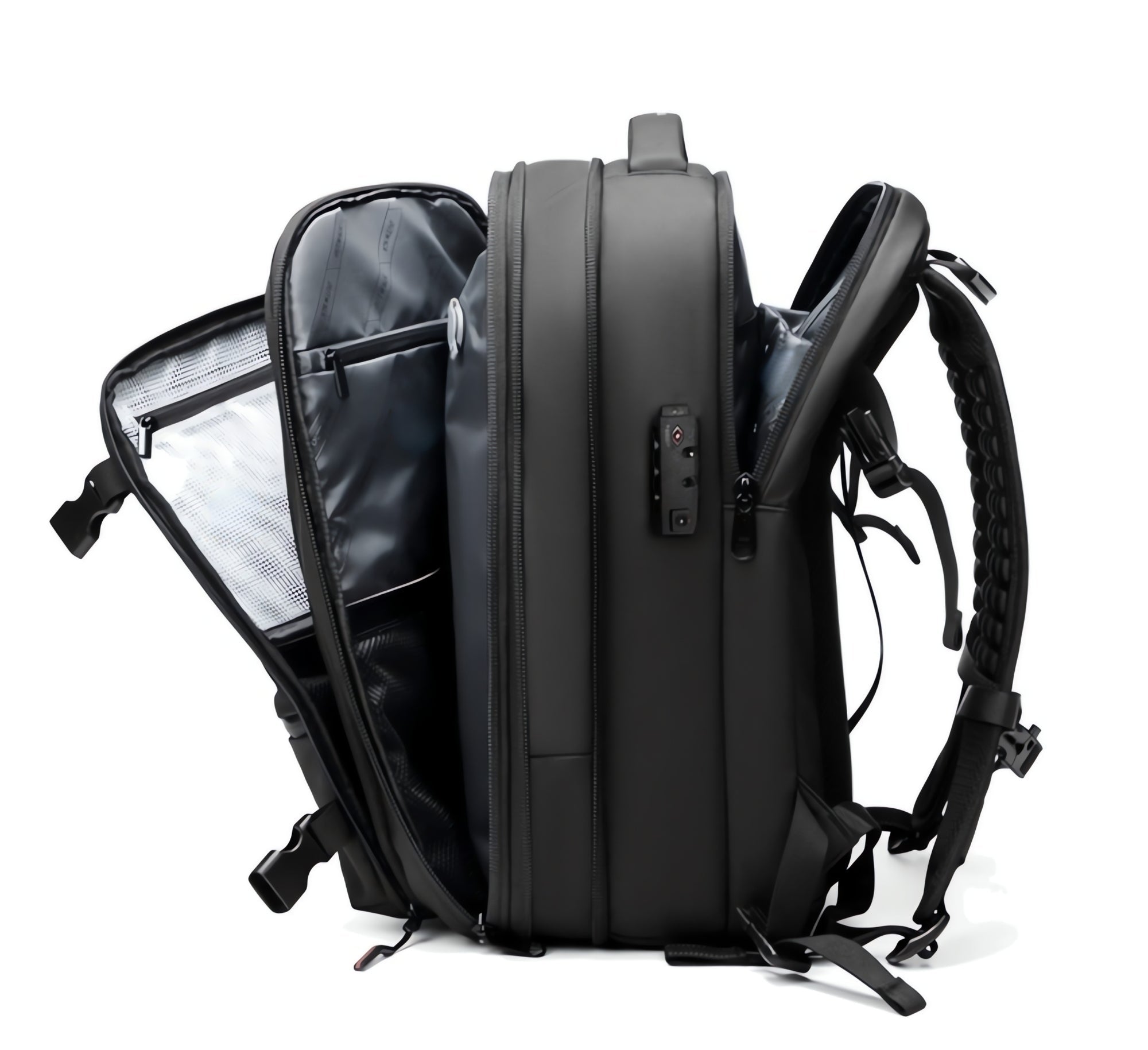 Black backpack with open compartment on a white background