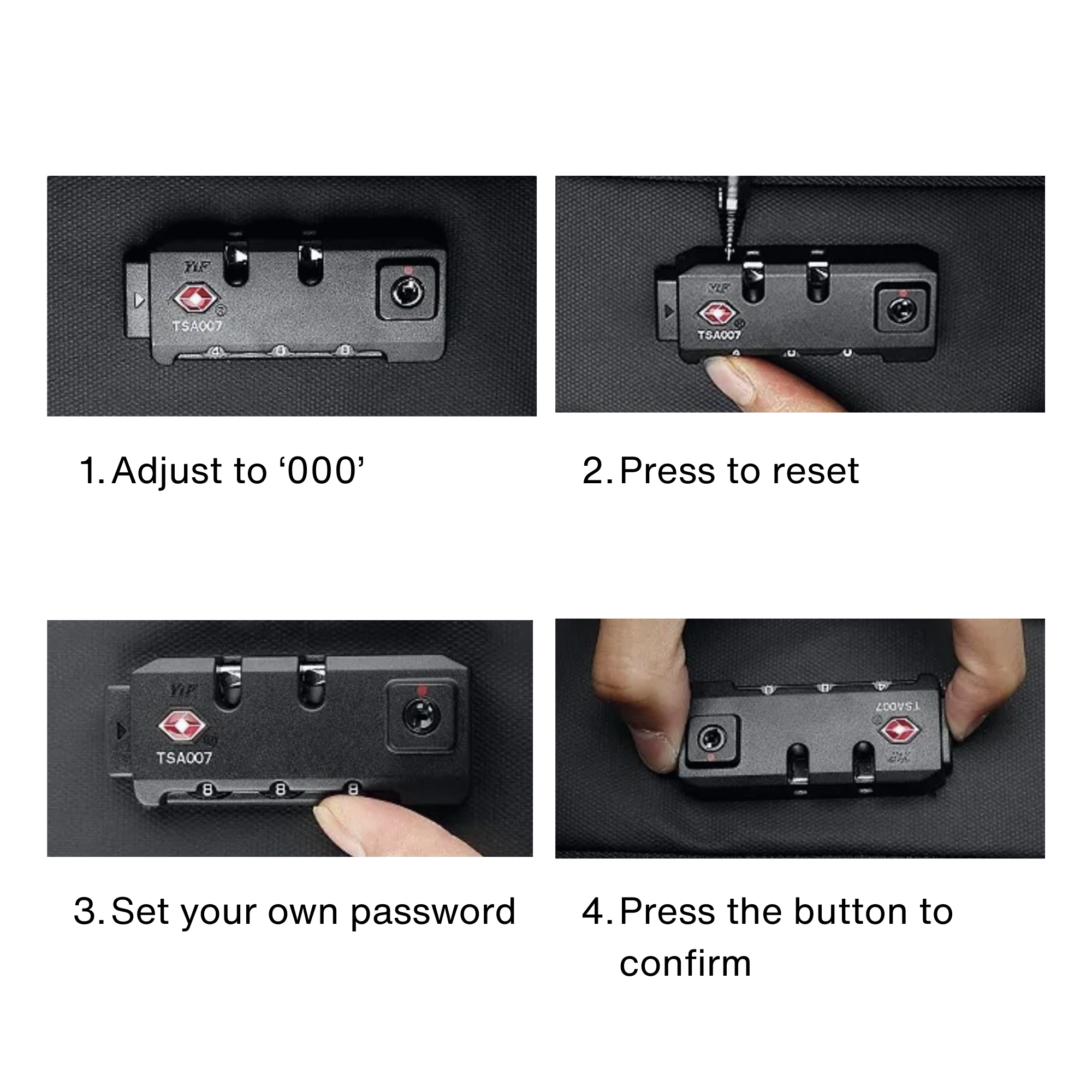 Step-by-step instructions for using a security device with buttons and labels on a white background.