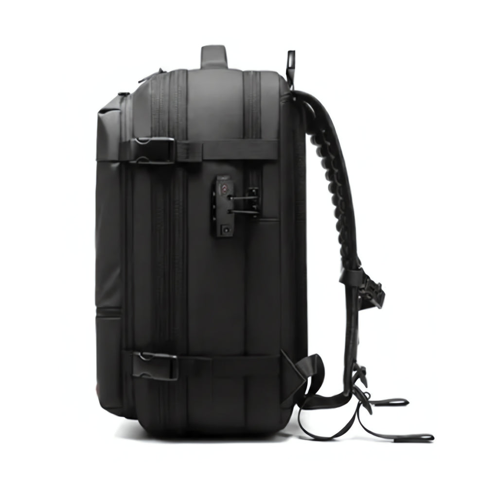 Black backpack with visible zippers on a white background