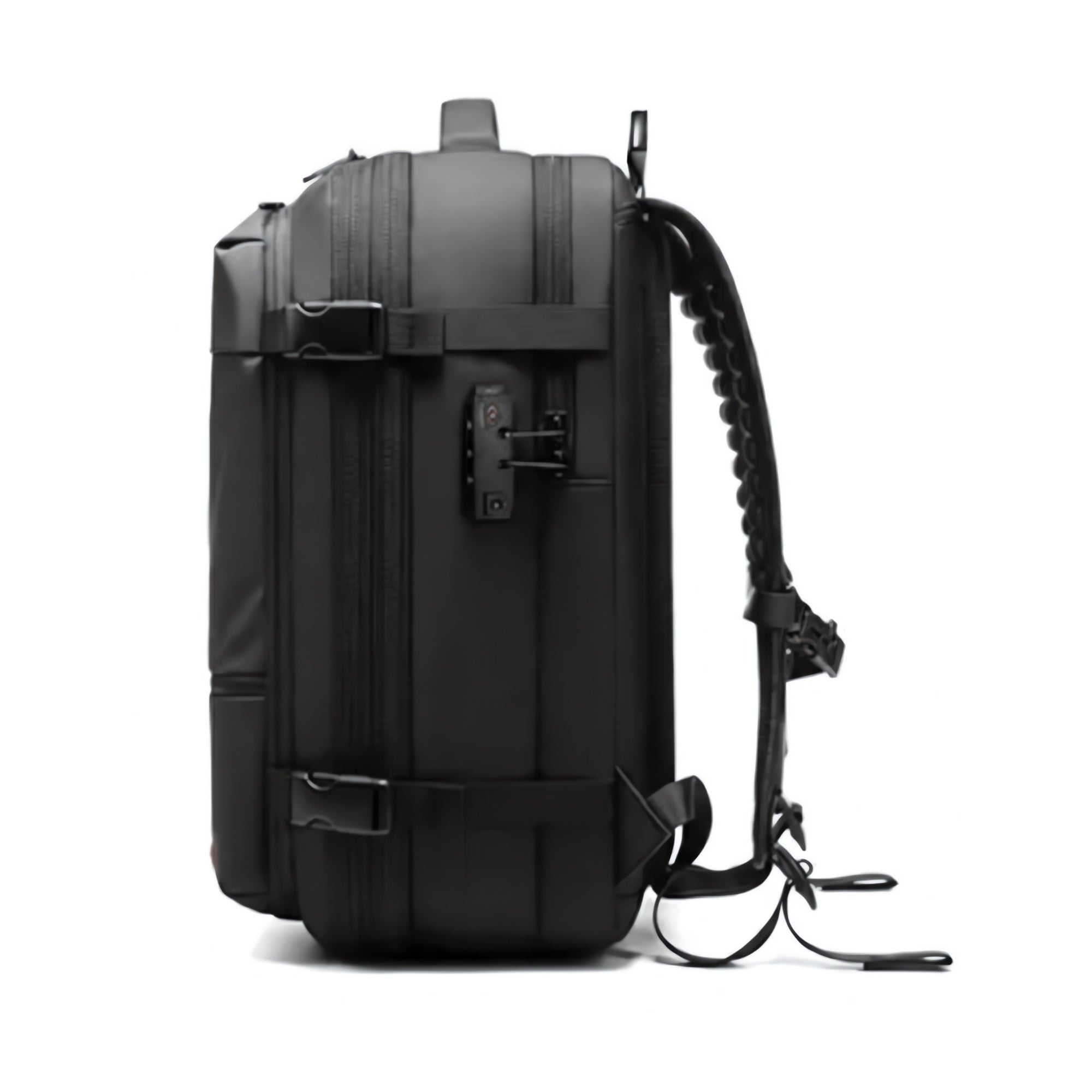 Black backpack with visible zippers on a white background