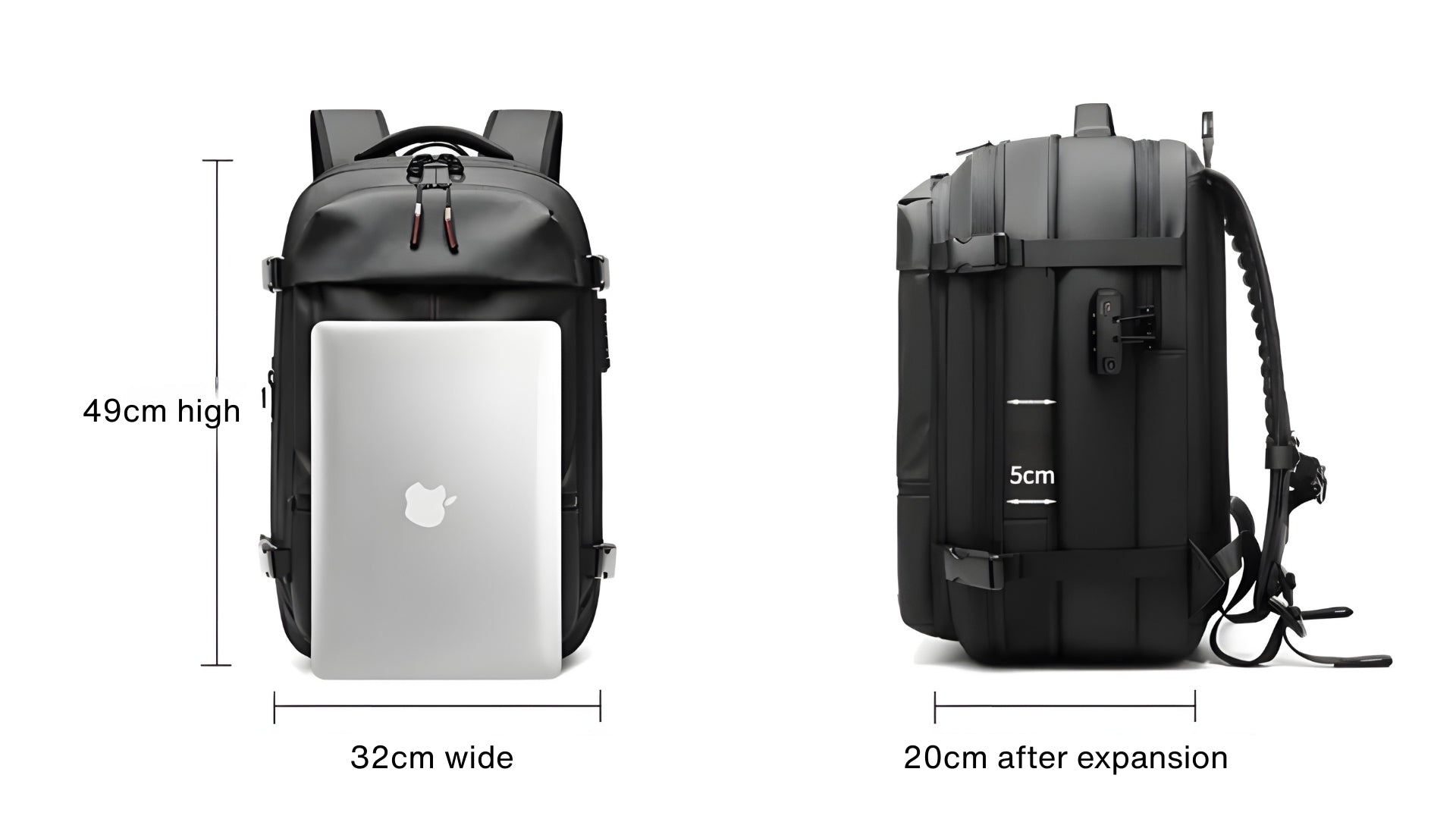 Black backpack with dimensions labeled on a white background