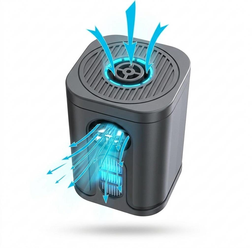 Air purifier with blue arrows indicating airflow on a white background